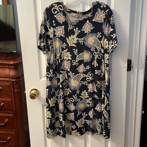 LOFT Navy with green/gold/peach pattern dress